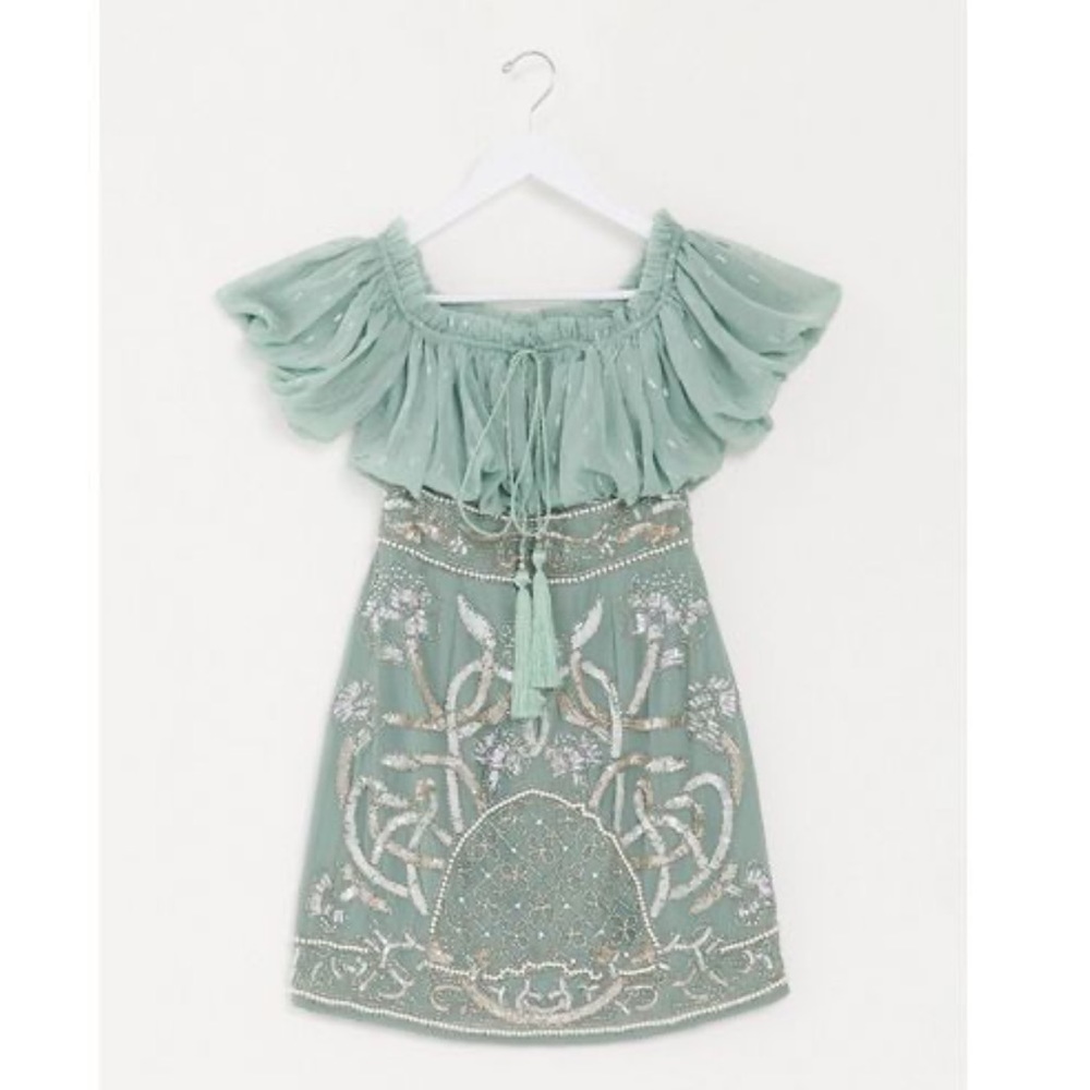 BLOUSON BODICE OFF SHOULDER MINI DRESS WITH EMBELLISHED SKIRT IN SAGE-GREEN